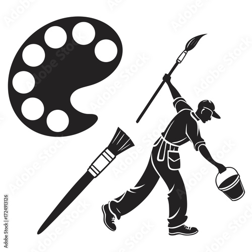 Silhouette of an artist with a paint palette brushes and a bucket of paint ready to create a masterpiece