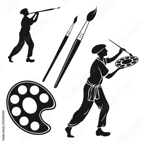 Artistic silhouettes of painters and art supplies featuring paint brushes and palettes in a dynamic composition on a white background