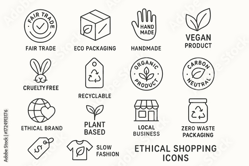 Ethical shopping icons featuring eco-friendly and sustainable product symbols