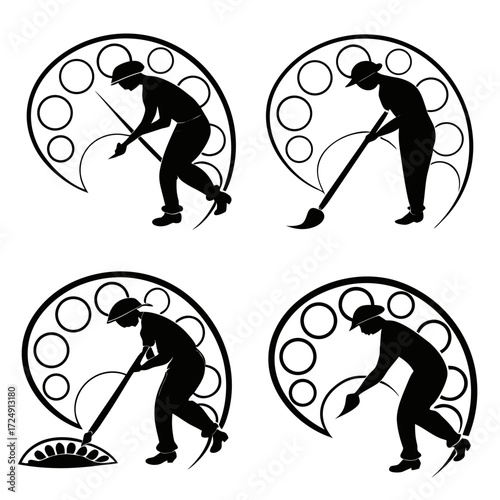 Four stylized black silhouette figures of artists painting or drawing within circular abstract designs representing creativity and the artistic process