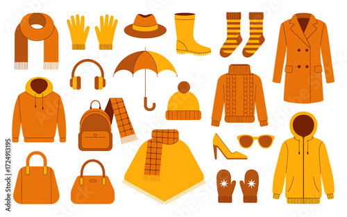 Collection of Autumn and Winter Clothing Accessories in Warm Tones Stylish Season Wardrobe Essentials Fashion and Comfort Concept Flat Vector Illustration