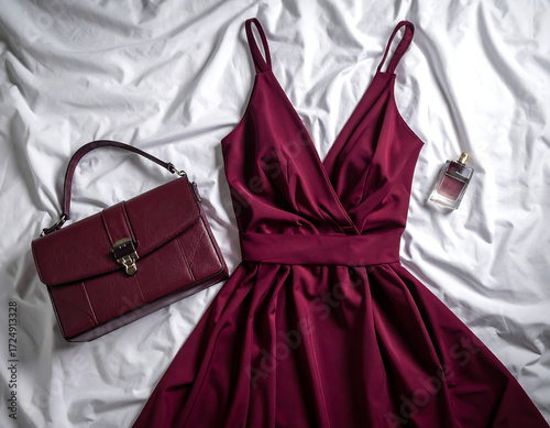 Elegant deep red cocktail dress laid flat with a matching handbag and a bottle of perfume on a white wrinkled surface