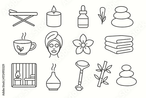 Spa and relaxation icons: aromatherapy, massage, sauna, yoga, zen stones