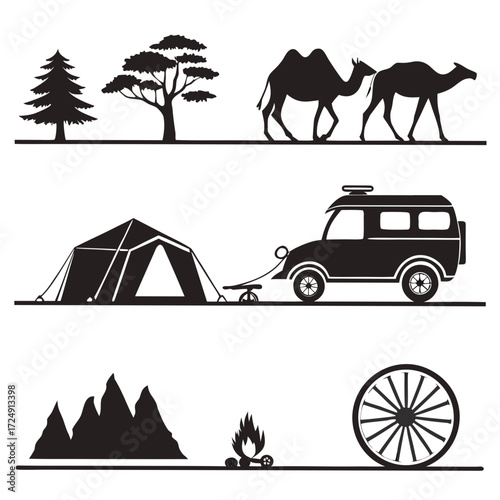 Silhouette collection of desert and mountain camping scenes with camels tents off road vehicles campfires and trees