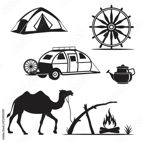 Collection of black and white vector illustrations depicting camping and travel elements including a tent caravan camel campfire and ship s wheel