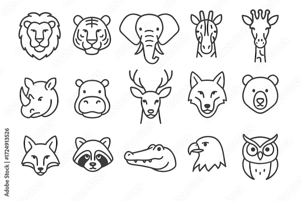 Obraz premium Collection of simple outline animal icons featuring a variety of wildlife