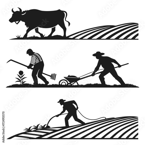 Silhouettes depicting various stages of agricultural work including a bull plowing a field farmers tending crops with tools and a wheelbarrow and a man watering plants