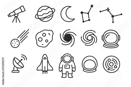 Space exploration icons: telescope, planets, astronaut, rocket, constellations