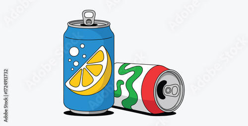 Refreshing drink cans with lemon design and colorful patterns illustration