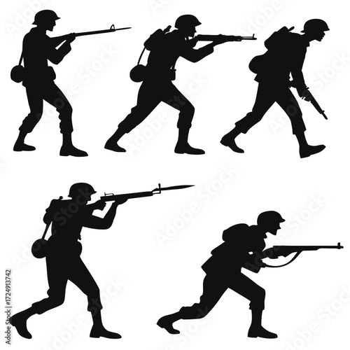Silhouettes of soldiers in action advancing and aiming their rifles representing combat and military operations in a dynamic and stylized manner