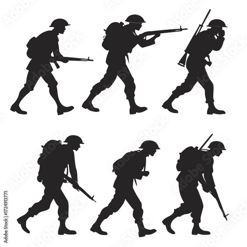 Silhouette of soldiers in action with rifles and backpacks depicting movement and combat readiness in a historical military context