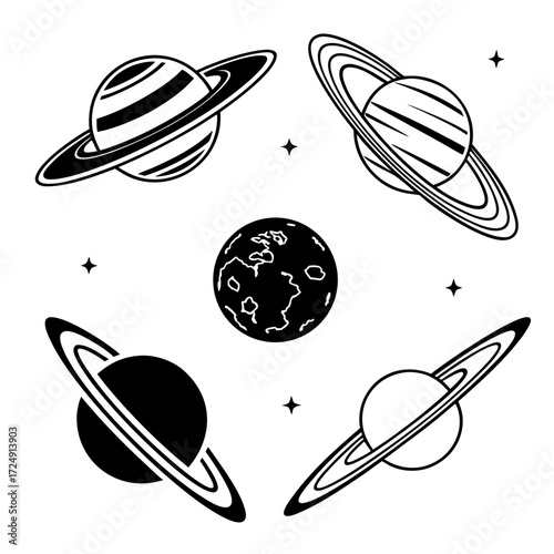 A collection of stylized black and white planets and stars featuring saturn like planets with rings and a detailed earth like planet in the center set against a clean white background