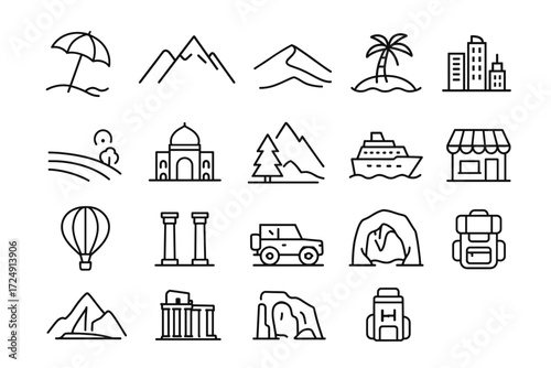 Summer, travel, adventure icons of cities, nature, transport and landmarks