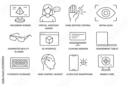 Futuristic technology icons for virtual reality and augmented reality concepts