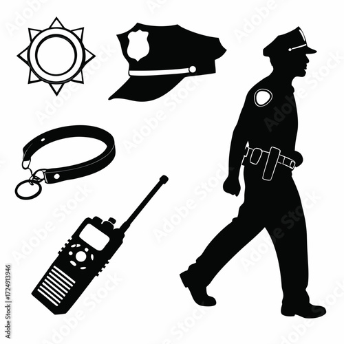Collection of police officer silhouette icons including a walking officer badge hat handcuffs and radio representing law enforcement and security services