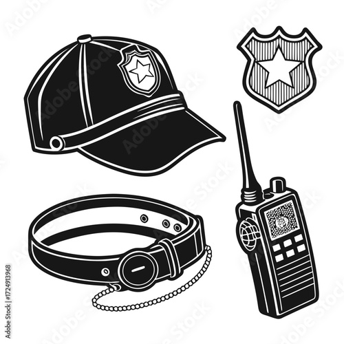 Black and white illustration of police equipment including a cap with badge a badge a belt with chain and a walkie talkie perfect for law enforcement themes