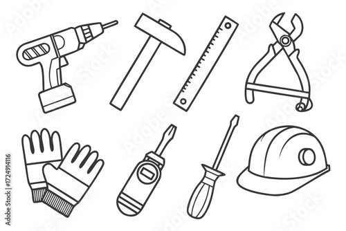 Black vector silhouette set of hand tools icons like hammer, wrench, saw, screwdriver, and pliers for construction and repair illustration