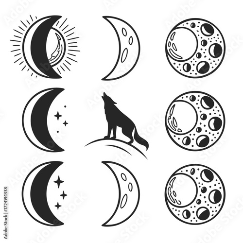 Collection of celestial and lunar icons featuring crescent moons full moons with craters a sun with rays and a silhouette of a wolf howling at the moon
