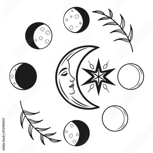 Mystical celestial composition featuring a crescent moon with a face phases of the moon a starburst and botanical elements on a white background