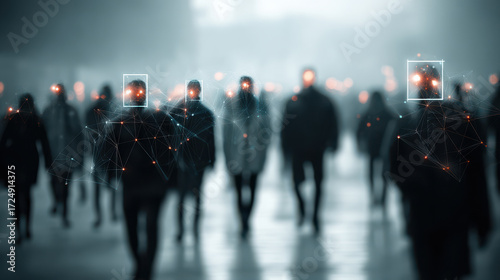 Facial recognition surveillance crowd anonymity privacy technology data security urban night glow emotion blends urgency
