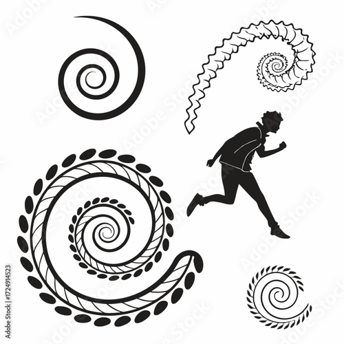 Dynamic silhouette of a running person interacting with abstract swirling spiral designs and naturalistic leafy patterns on a white background