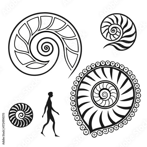 Collection of stylized black and white nautilus shell designs and a walking human silhouette representing natural patterns and evolution