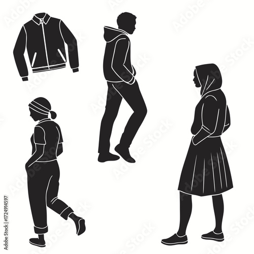 Collection of black silhouette figures of people and clothing items including a jacket and a hoodie on a white background representing modern fashion and diverse individuals in casual attire