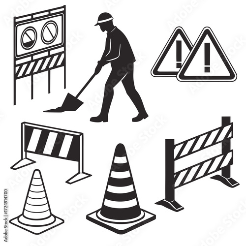 Construction worker with shovel and various road safety signs and barriers including traffic cones and warning signs indicating road work and hazards ahead