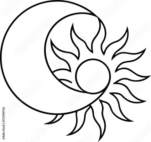 abstract continuous line art moon and sun sketch illustration on transparent