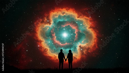 Couple holding hands silhouetted against a colorful nebula in outer space