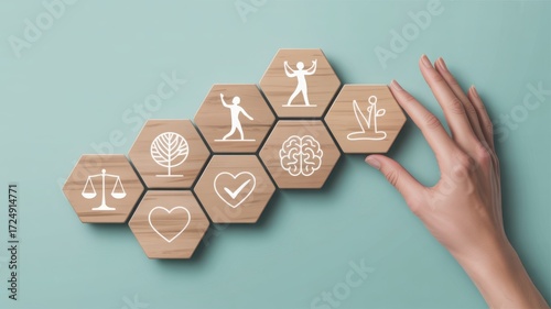 Wooden hexagons representing core values and principles