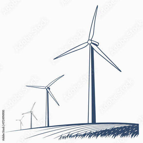 Stylized illustration of three wind turbines in a field with a simple line drawing of grass and rows representing a cultivated landscape against a white background