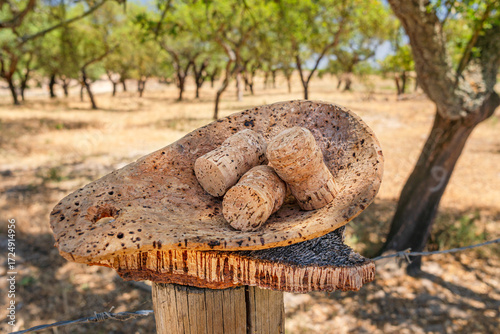 Corks on the piece of cork tree bark close-up. Cork oak orchard in the background.