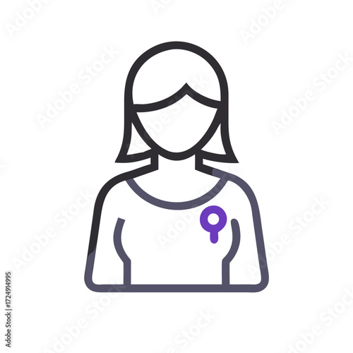 Stylized illustration of a woman with a purple female gender symbol pinned to her chest representing women s rights and empowerment
