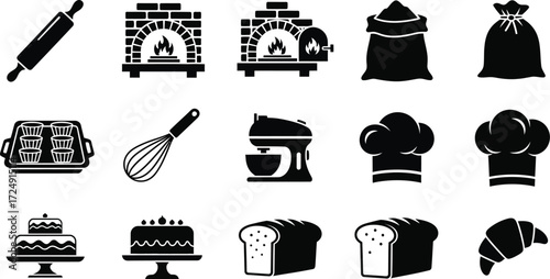 Bakery icons featuring baking tools, oven, flour, cake, bread, and croissant, perfect for culinary enthusiasts and bakers