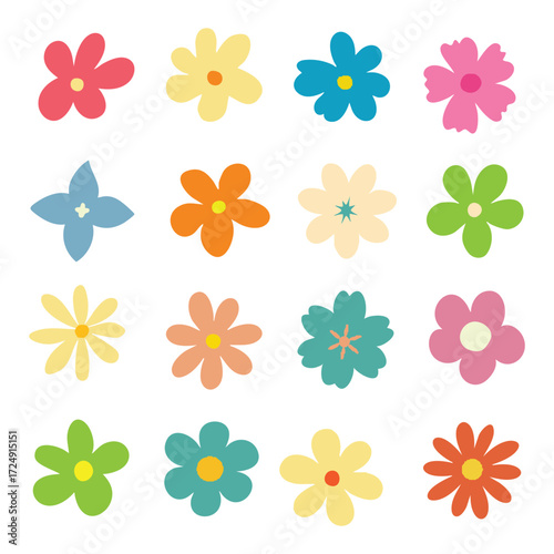  Collection of colorful flower elements vector. Simple, cute, round flower head in various shapes. Abstract botanical spring blossom art. Organic petal floral design. Flower icon set.
