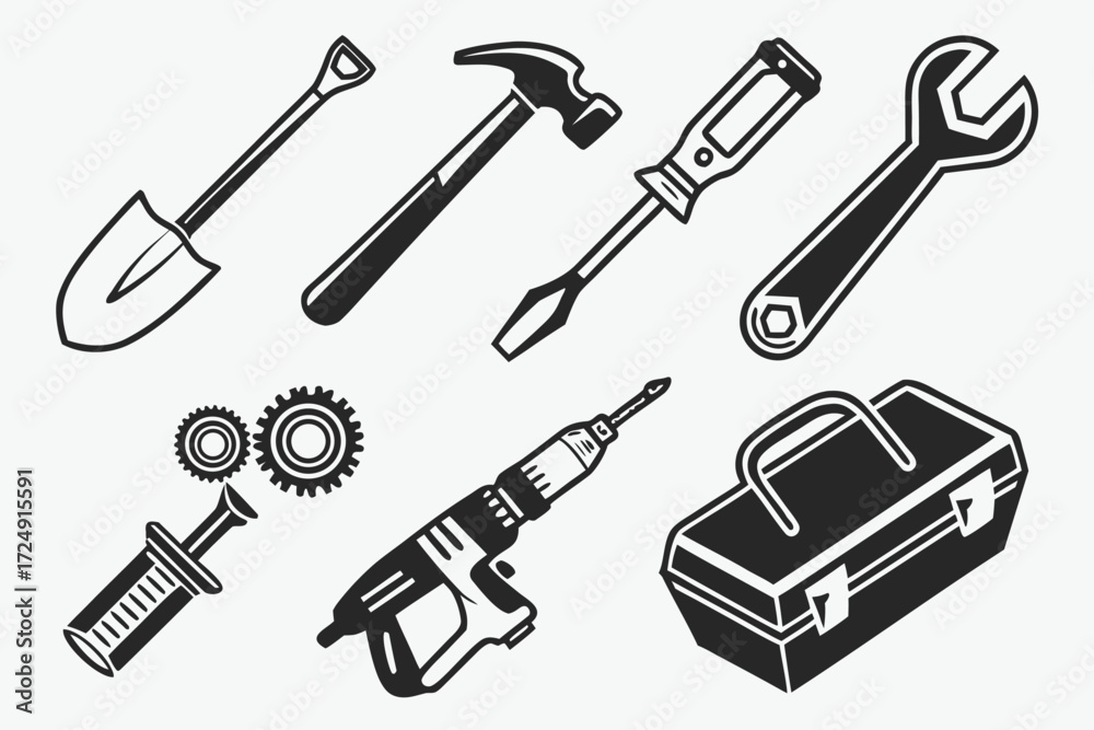 Naklejka premium Tool set vector icons collection with hammer, saw, wrench, and screwdriver symbols for repair and construction illustration