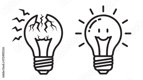 Two lightbulb icons broken and working Idea concept Line art style Vec