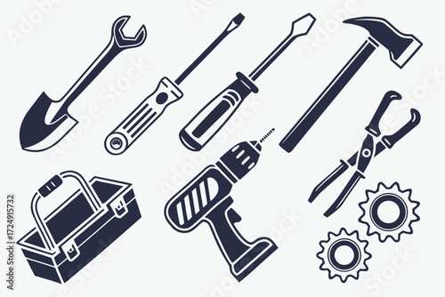 Seamless vector set of construction tools icons illustration with wrench and hammer