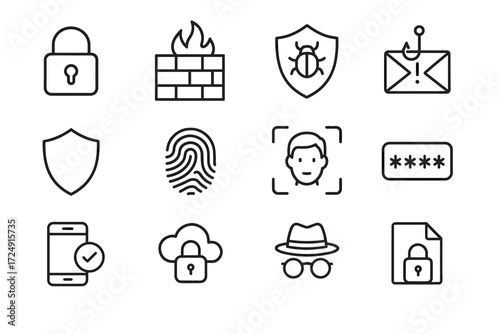 Cybersecurity icons set including lock, firewall, fingerprint, bug, shield, cloud, email, face recognition
