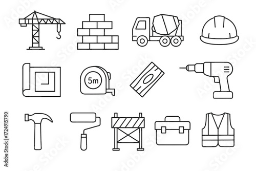 Construction tool icons set: crane, mixer, helmet, drill, hammer, vest