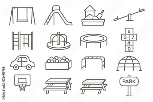 Icon set of playground equipment and structures for outdoor fun