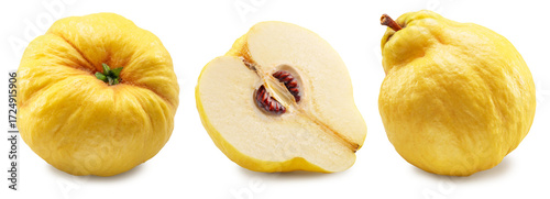 Set of two quinces and half cut quince on white background. File contains clipping path.