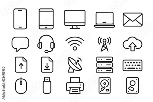 Outline icons of technology devices and communication symbols