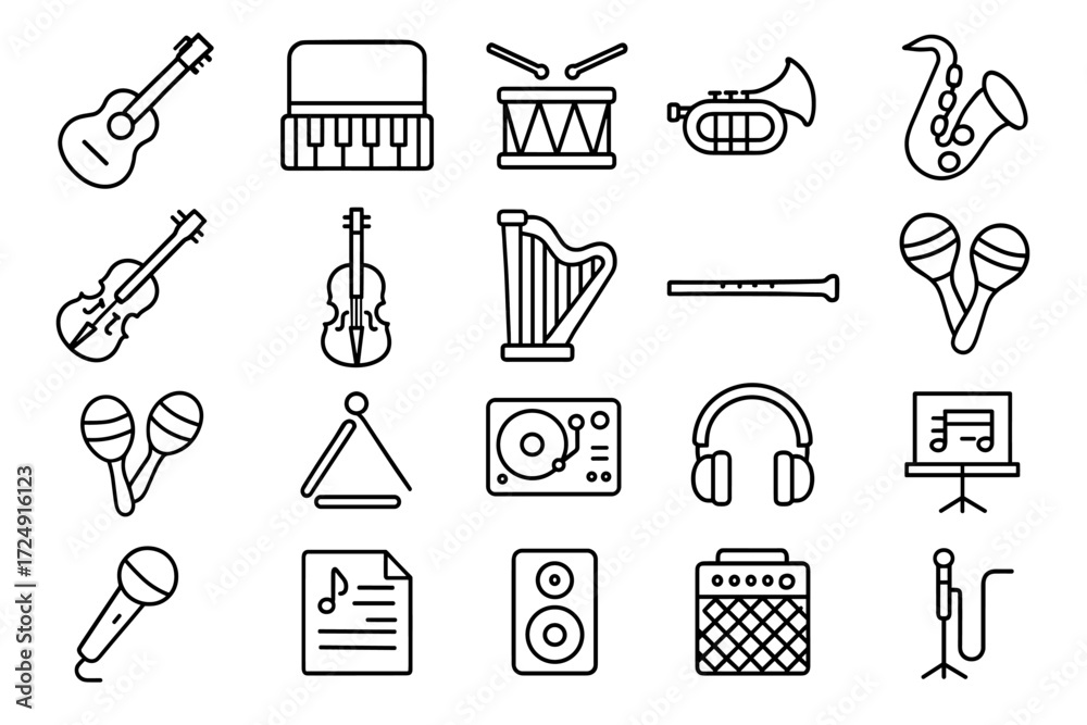 Fototapeta premium Musical instruments icon set featuring guitar, piano, drum, trumpet, headphones