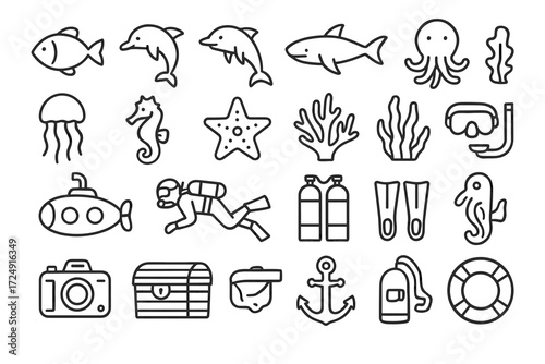 Underwater adventure line icons: marine life, diving gear, aquatic animals, and nautical symbols