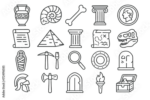 Archaeological icon set featuring artifacts and historical symbols