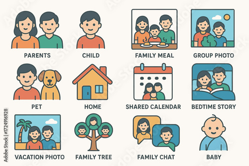 Family life illustrations: parents, children, pets, and home activities