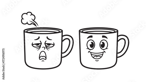 Two coffee mugs cartoon characters happy sad emotions line art Vector 
