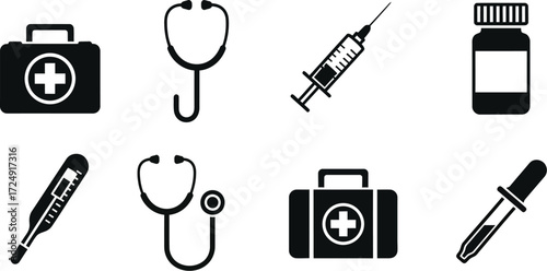 Medical and healthcare icons set first aid kit, stethoscope, syringe, pill bottle, thermometer, dropper